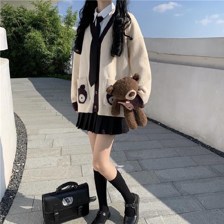 Áo khoác cardigan len nữ túi gấu DELIZ len cổ V dài tay hàng quảng châu Devil Princess