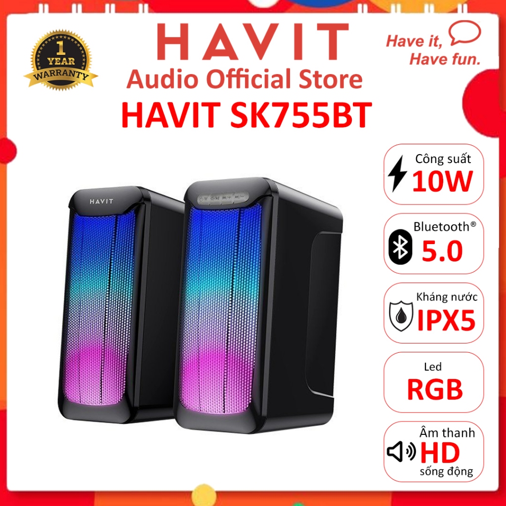 Loa Bluetooth HAVIT SK755BT, Bluetooth 5.0, Công Suất 5W*2 - Chính Hãng BH 12 Tháng