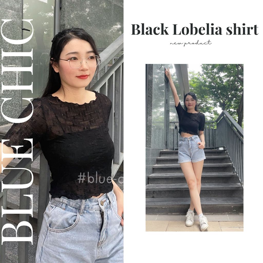 Áo kiểu ren lưới ngắn tay BLACK LOBELIA SHIRT| BLUE CHIC