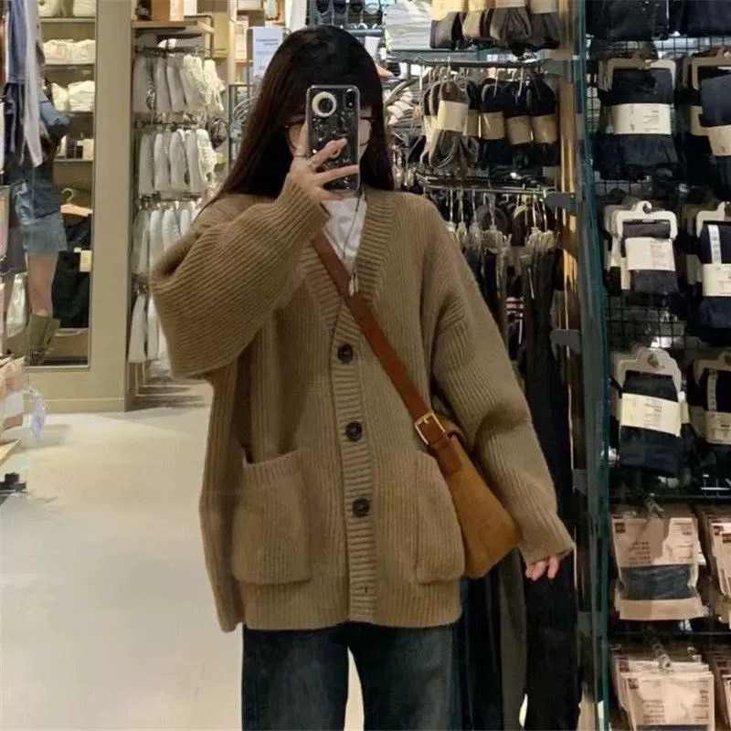 Khoác cardigan len nữ dệt kim tông màu basic DELIZ len dáng dài thời trang Devil Princess