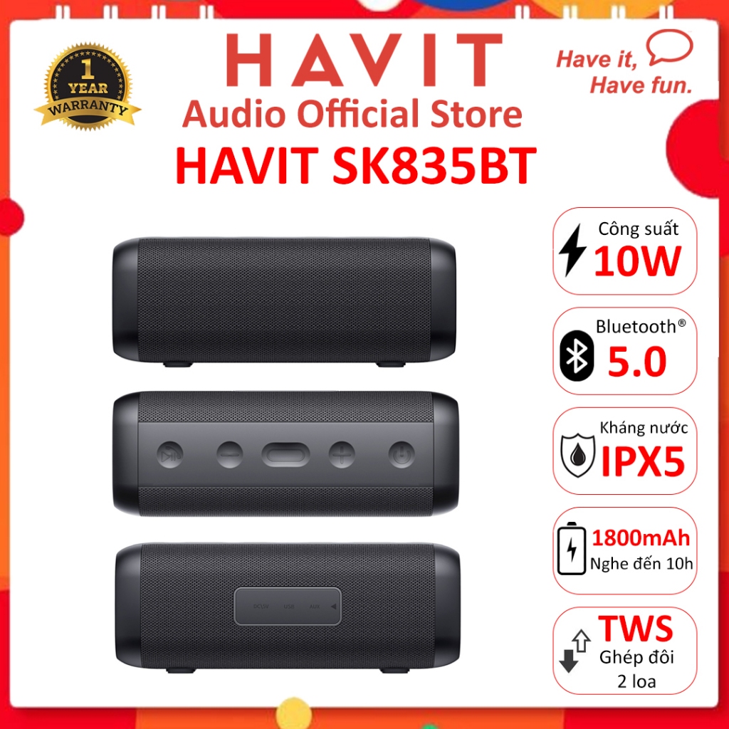 Loa Bluetooth HAVIT SK835BT Công Suất 5W*2, BT 5.0, IPX5 - Chính Hãng BH 12 Tháng