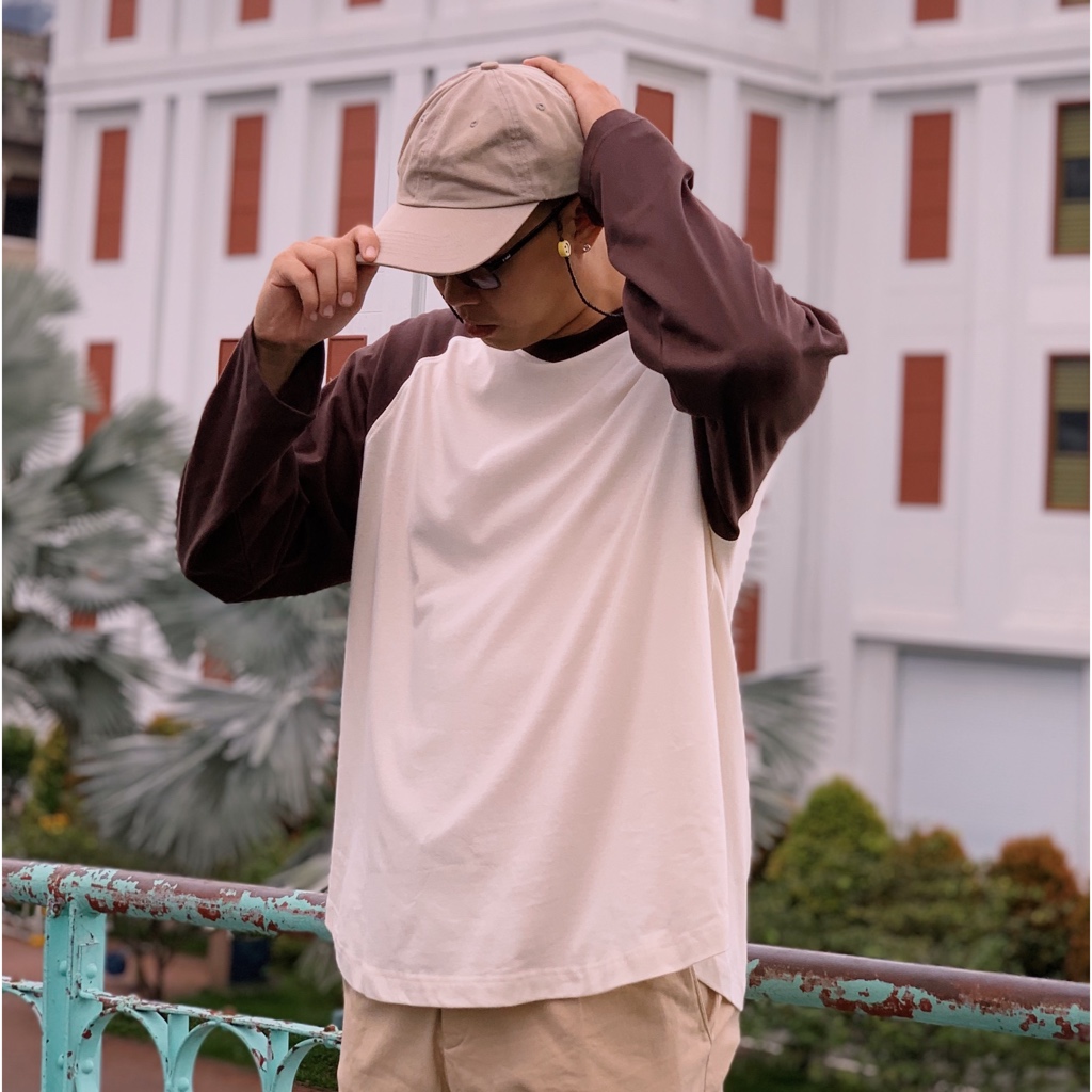 Flexible raglan Cream Brown Choco | MEMS Áo thun cotton nam nữ tay dài trơn cổ tròn áo phối màu