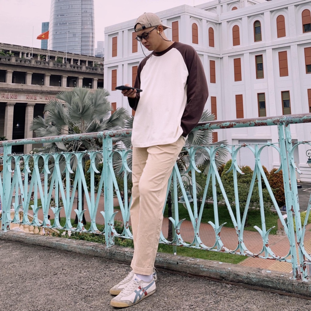 Flexible raglan Cream Brown Choco | MEMS Áo thun cotton nam nữ tay dài trơn cổ tròn áo phối màu