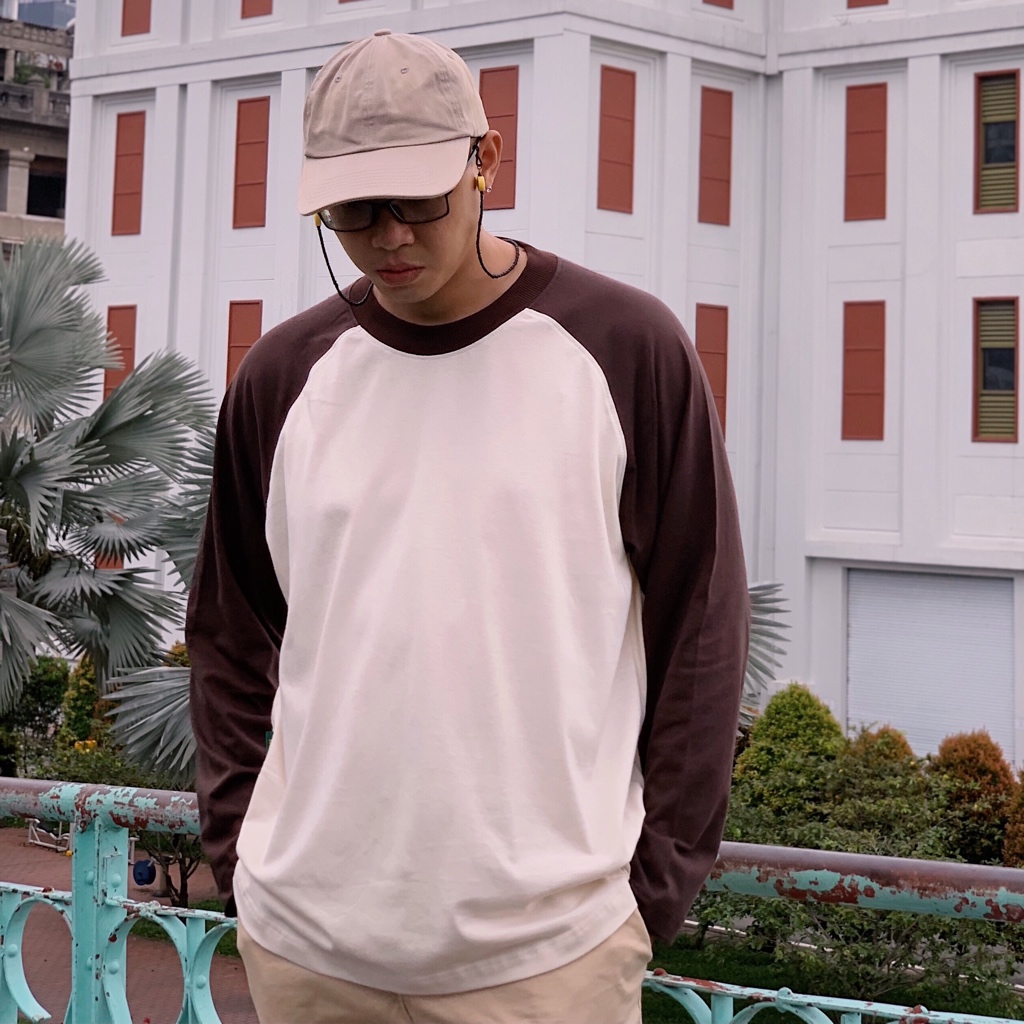Flexible raglan Cream Brown Choco | MEMS Áo thun cotton nam nữ tay dài trơn cổ tròn áo phối màu