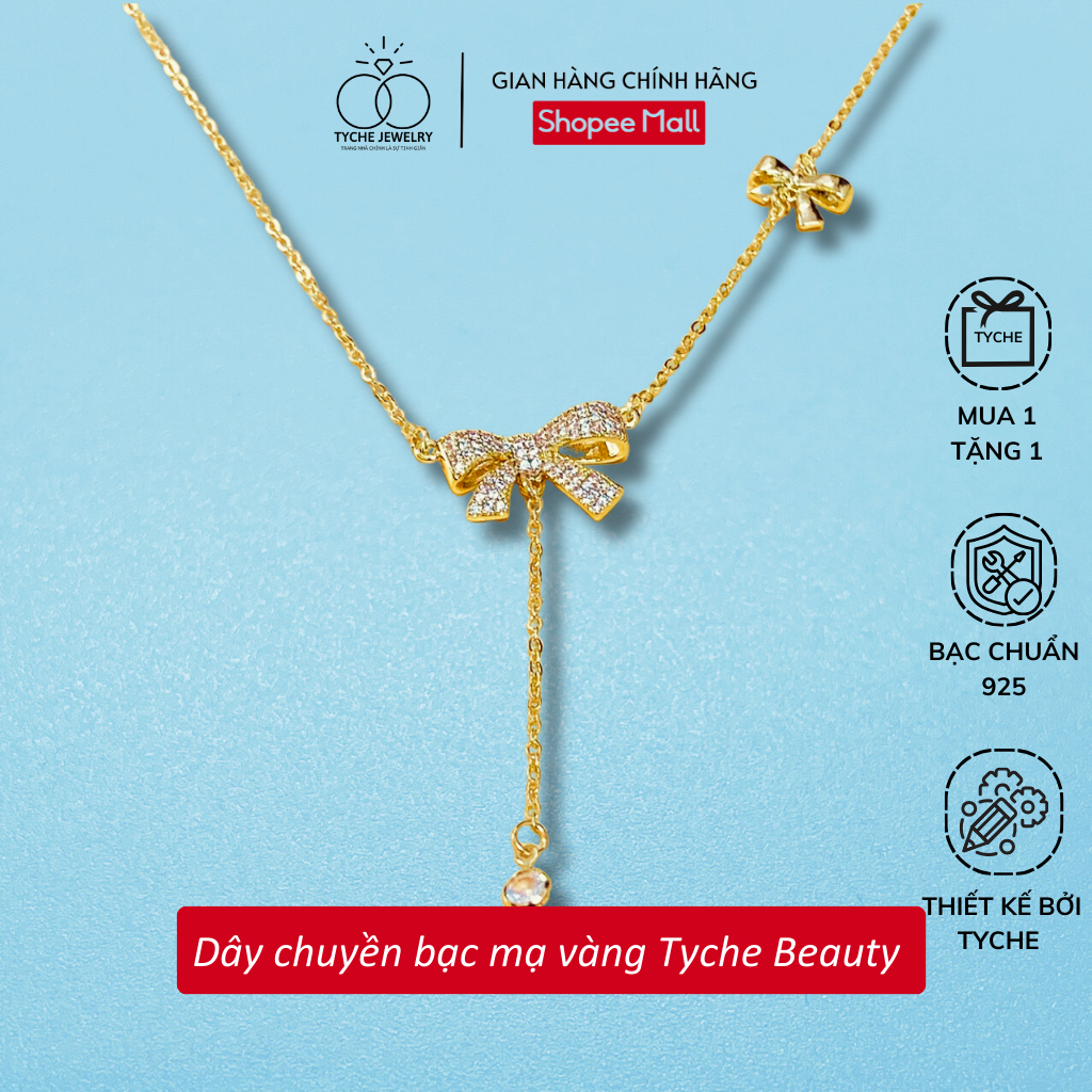 Dây chuyền bạc mạ vàng Tyche Bow nạm đá ,chốt khóa cao cấp trẻ trung phù hợp đeo đi học, đi chơi,đi làm TYCHE JEWELRY