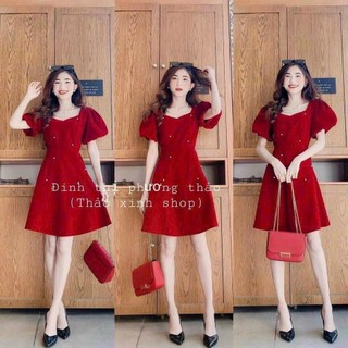 Đầm umi thời trang mặc đi chơi lễ Noel, Tết tay phồng họa tiết đính cườm (có mút) hàng QC dễ thương