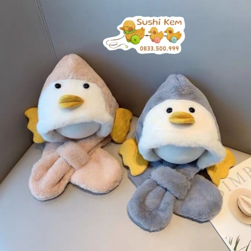 Mũ lông xù liền khăn cho bé