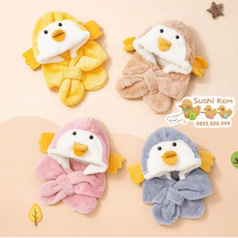 Mũ lông xù liền khăn cho bé