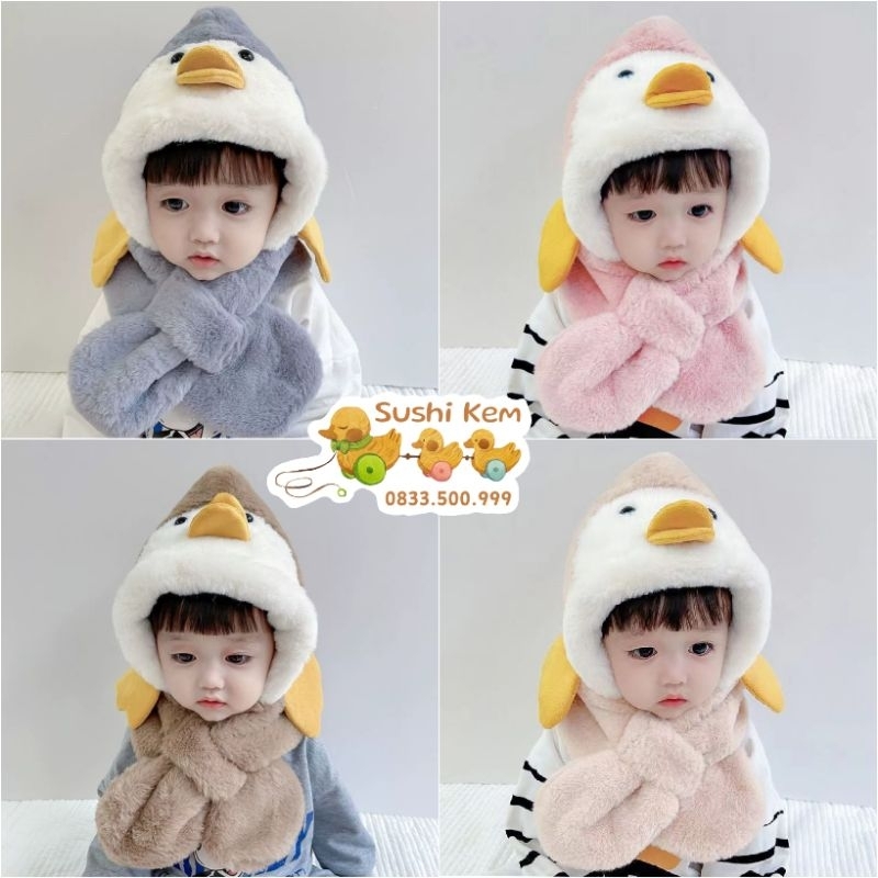 Mũ lông xù liền khăn cho bé
