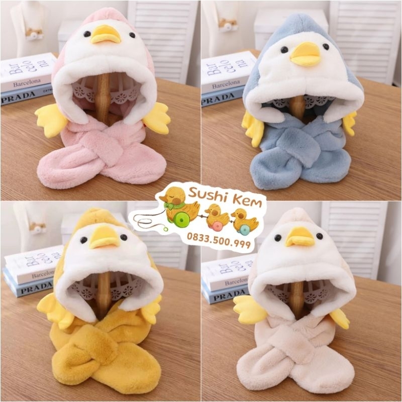 Mũ lông xù liền khăn cho bé