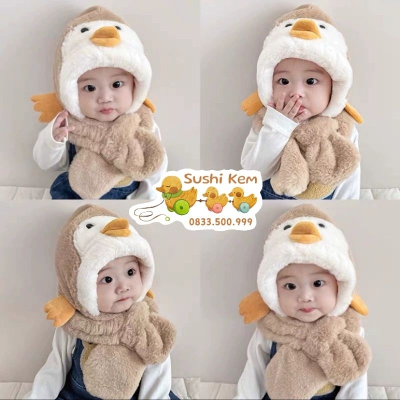 Mũ lông xù liền khăn cho bé