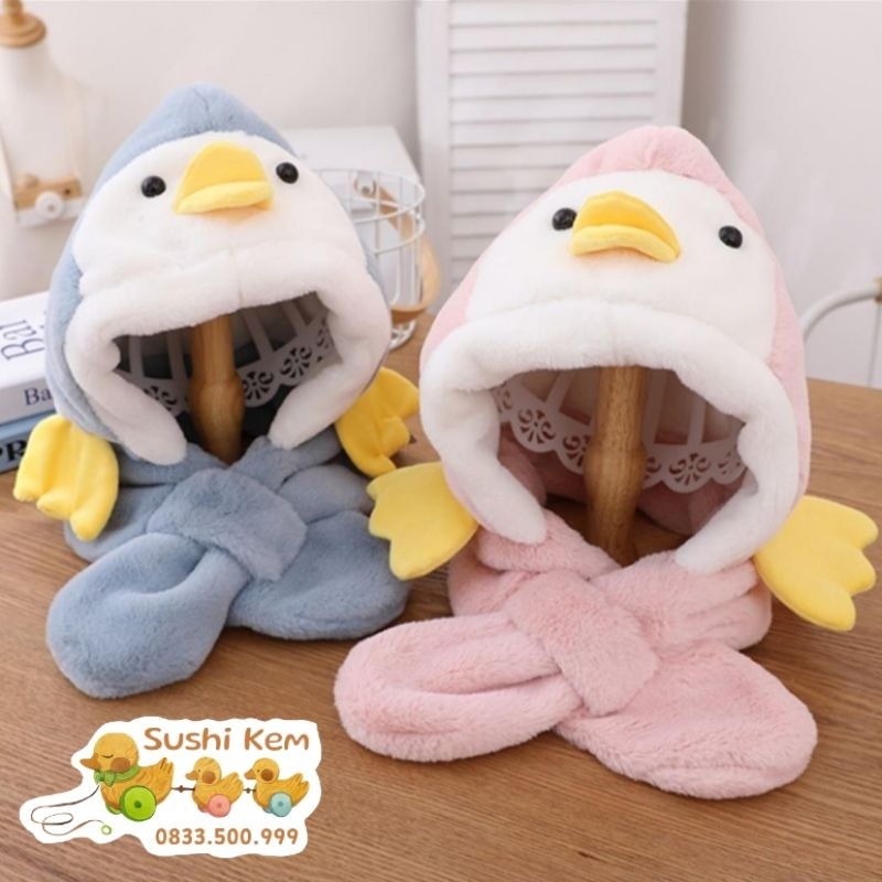 Mũ lông xù liền khăn cho bé