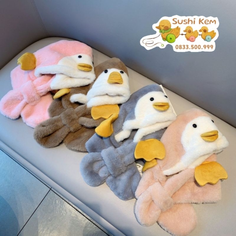 Mũ lông xù liền khăn cho bé