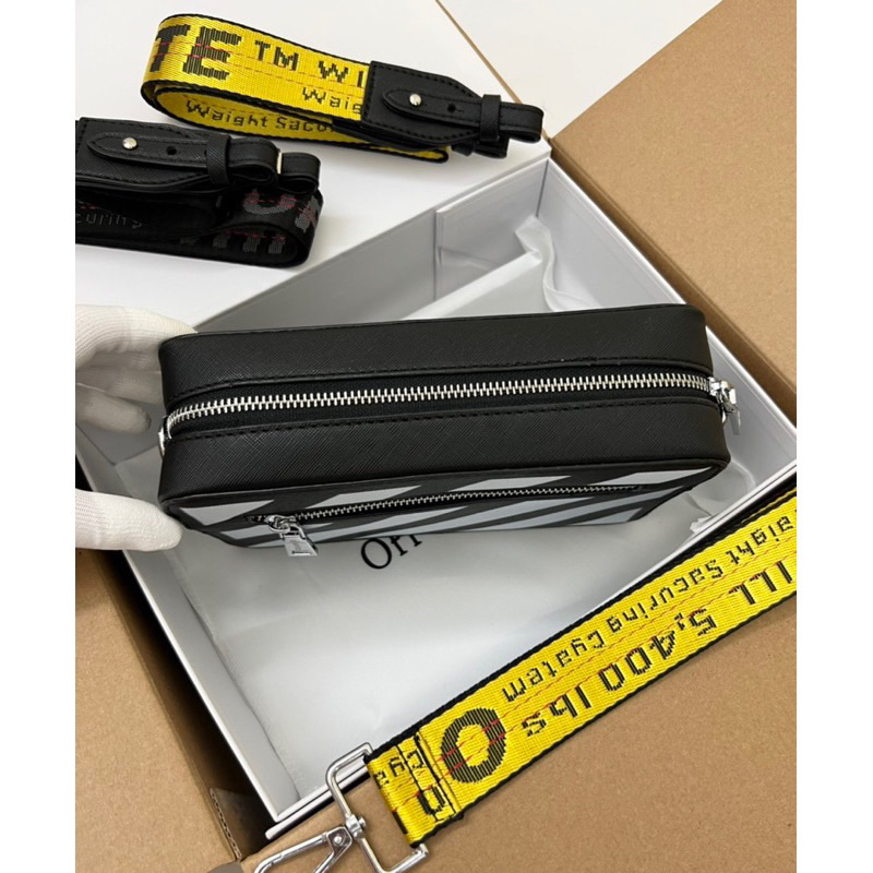 Túi Xách off White đeo chéo cá tính nam nữ phom hộp sọc trắng đen 3 dây Loại 1