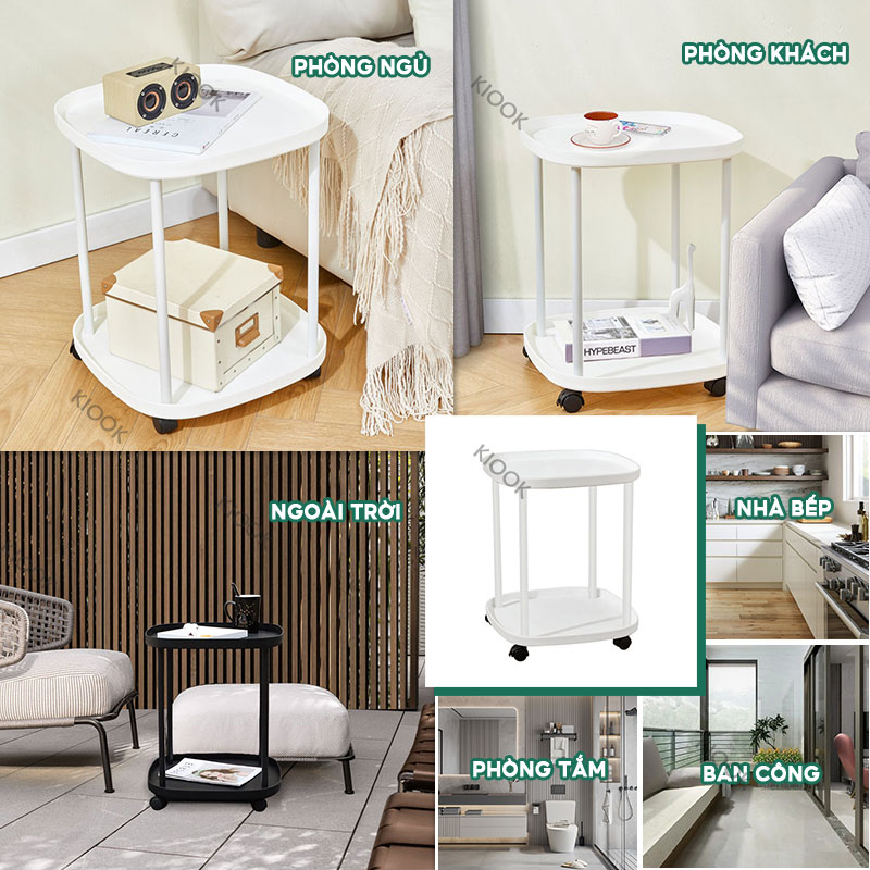 Bàn trà mặt tròn,Kệ trang trí - Kệ đầu giường đầu giường đa năng bánh xe 2-3 tầng trang trí phòng khách, phòng ngủ