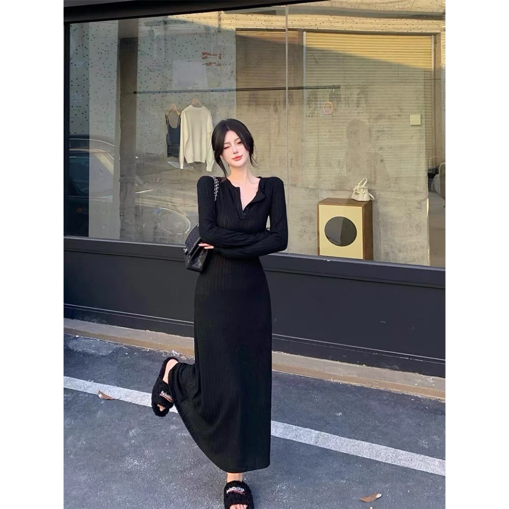 VÁY XUÔNG DÀI  BASIC DÀI TAY CỔ  CÚC