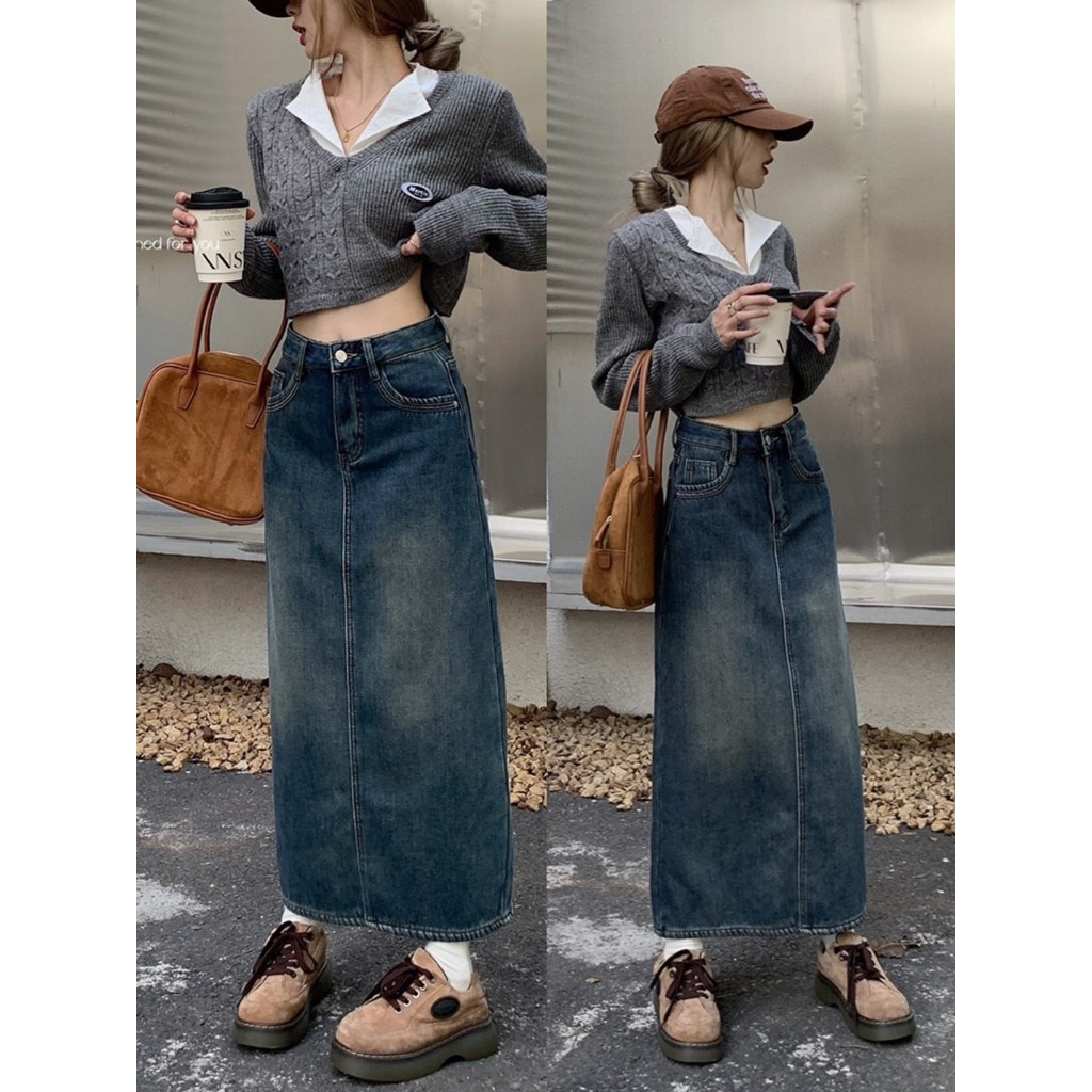 Chân váy jeans dáng dài xẻ sau phong cách Hàn Quốc tôn dáng siêu đỉnh Maia Chanvayjeanxesau P11K1