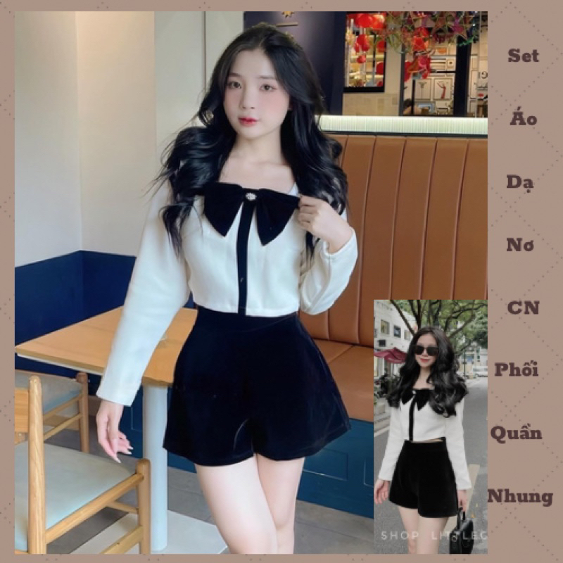 Set Áo Dạ Trắng Nơ Đen CN Phối Quần Nhung