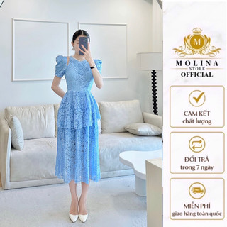 Đầm Ren Hai Tầng Xếp Ly Cổ Ngọc Khoét Vai Thiết Kế Molina Dáng Xòe Thanh Lịch, Có Lớp Lót Dày Dặn Đứng Form Tôn Dáng