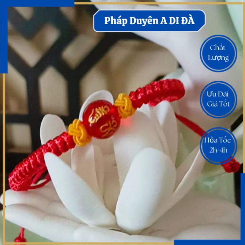 Vòng tay chỉ đỏ may mắn đính hạt đá khắc chú Quan Âm Tiếng Phạn - Án Mà Ni Bát Di Hồng