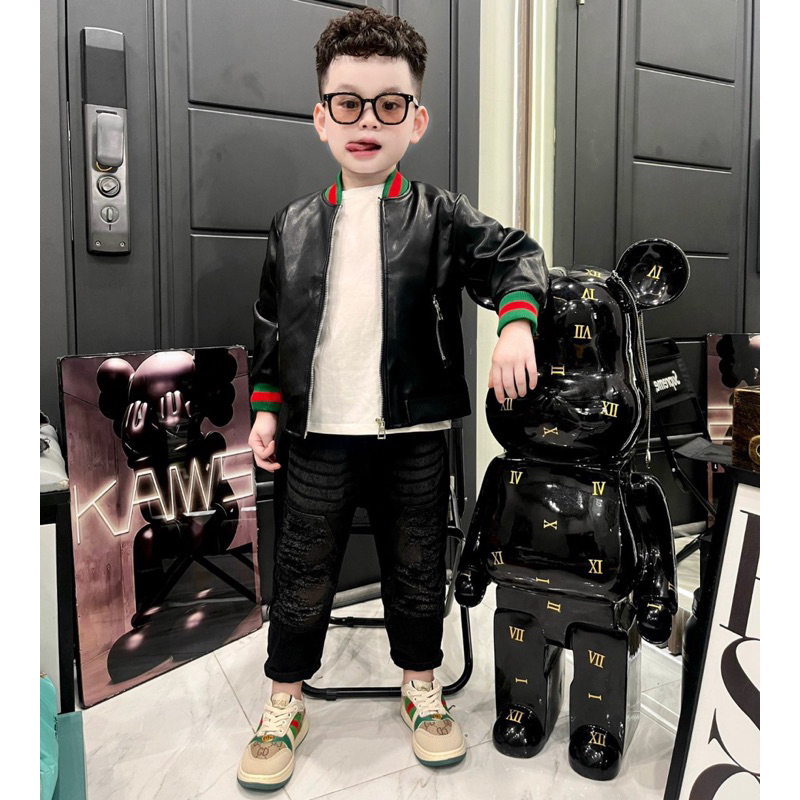 Áo Khoác da Cho Bé Trai Màu Đen Họa Tiết bo Năng Động Hàng Cao Cấp Loại 1 - Herokids