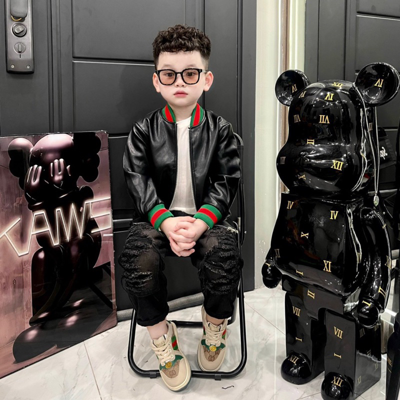 Áo Khoác da Cho Bé Trai Màu Đen Họa Tiết bo Năng Động Hàng Cao Cấp Loại 1 - Herokids