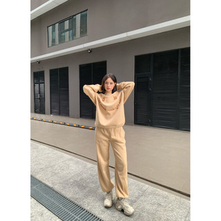 Set Áo Sweater nữ tay dài chất nỉ bông thêu chữ xù ON House phối quần dài jogger ống bo chạy viền cùng chất nỉ dày dặn