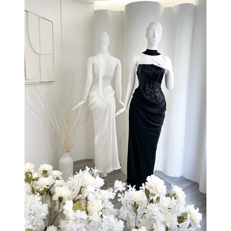 Đầm tiệc cúp lụa nhún kim sa