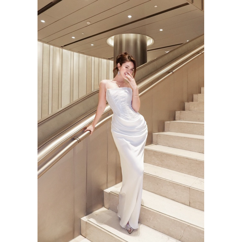 Đầm tiệc cúp lụa nhún kim sa