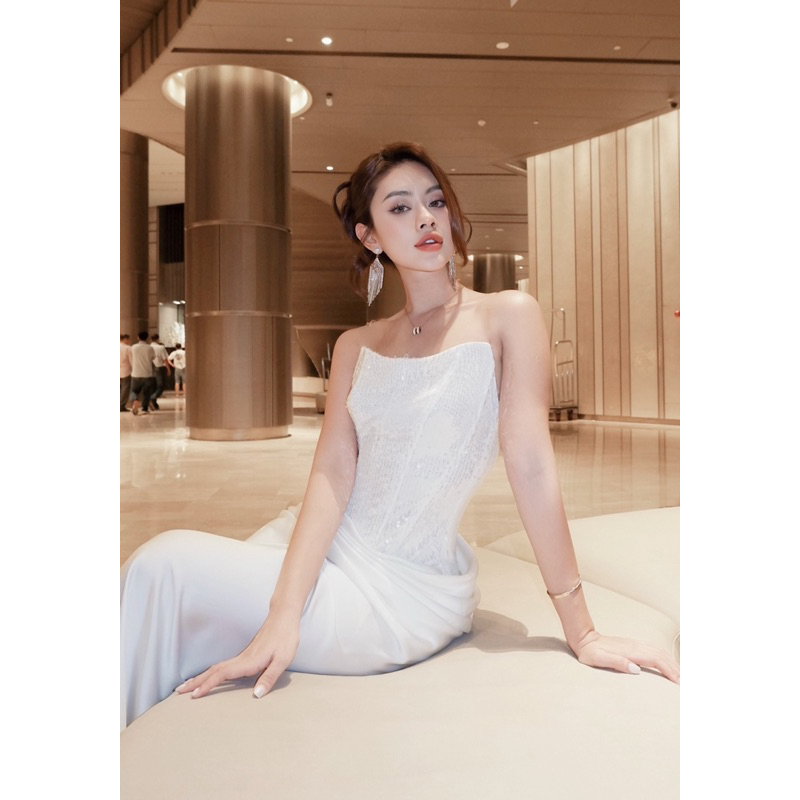 Đầm tiệc cúp lụa nhún kim sa