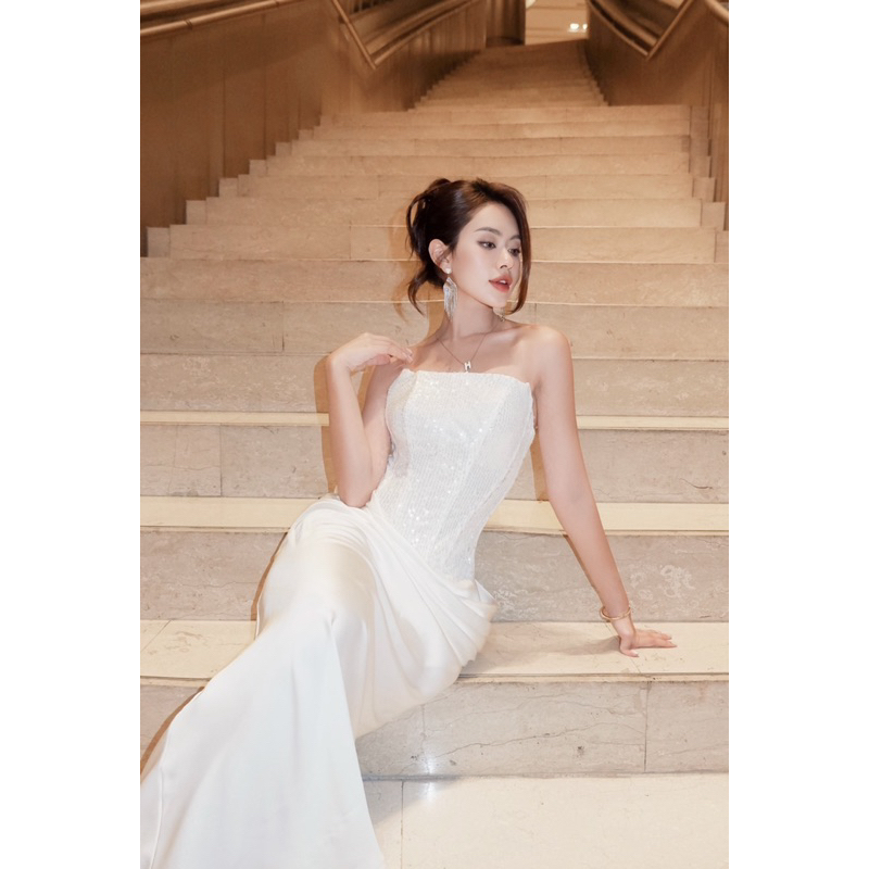 Đầm tiệc cúp lụa nhún kim sa