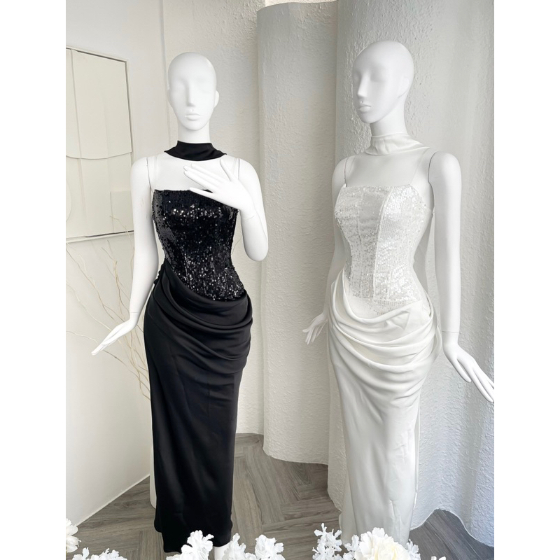 Đầm tiệc cúp lụa nhún kim sa