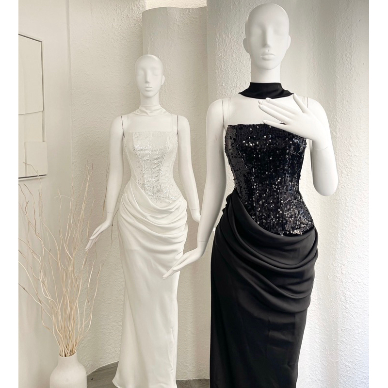 Đầm tiệc cúp lụa nhún kim sa