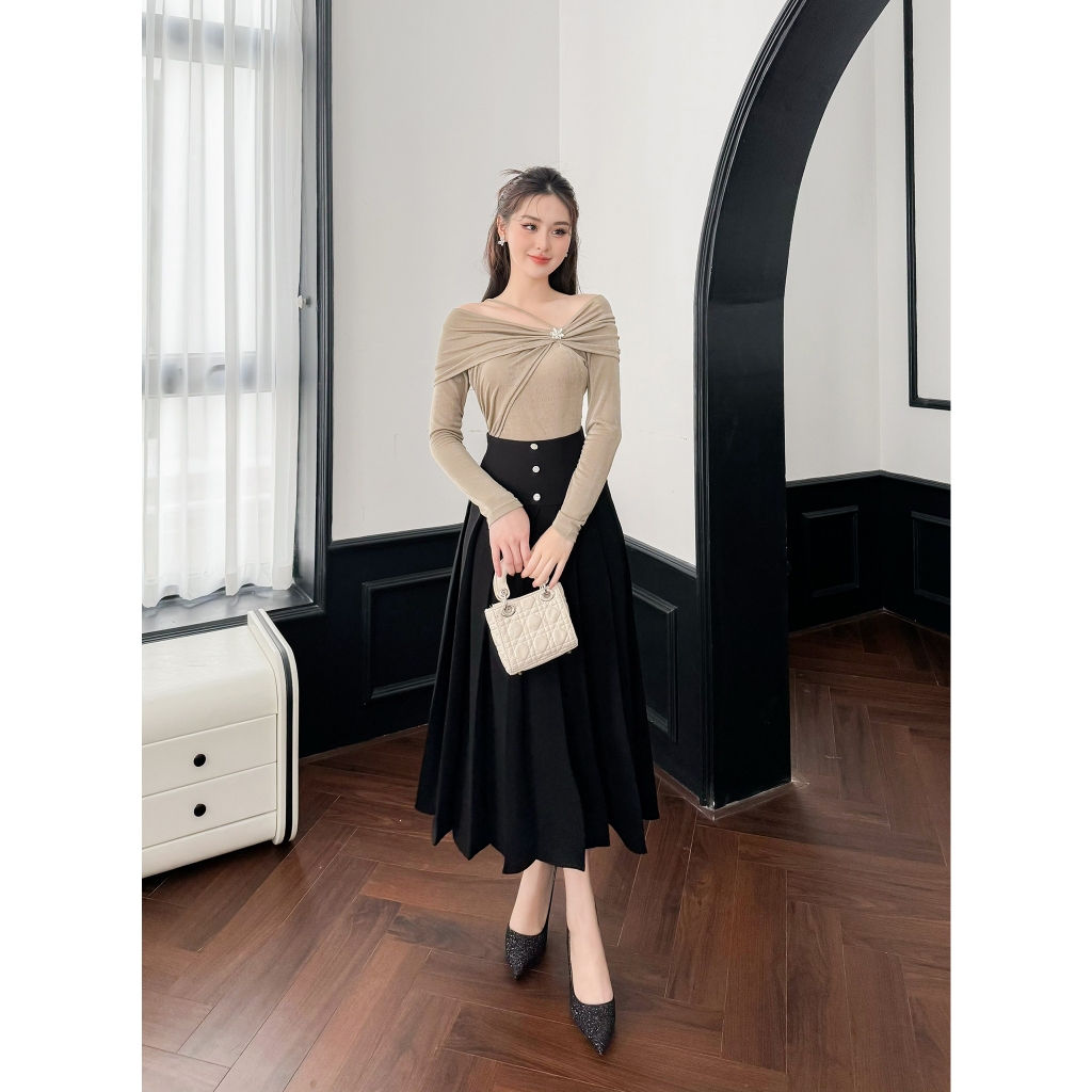 Chân Váy Đen Midi Xếp Ly 3 Khuy Thời Trang Thiết Kế Nữ CurvyQ