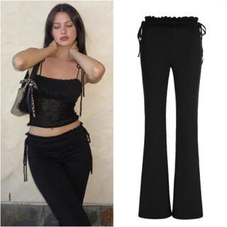   Quần thun có size  Quần dài ống loe cạp thấp Unnie quần thun ống loe   quần loe nâng mông dây rút viền bèo cột nơ 