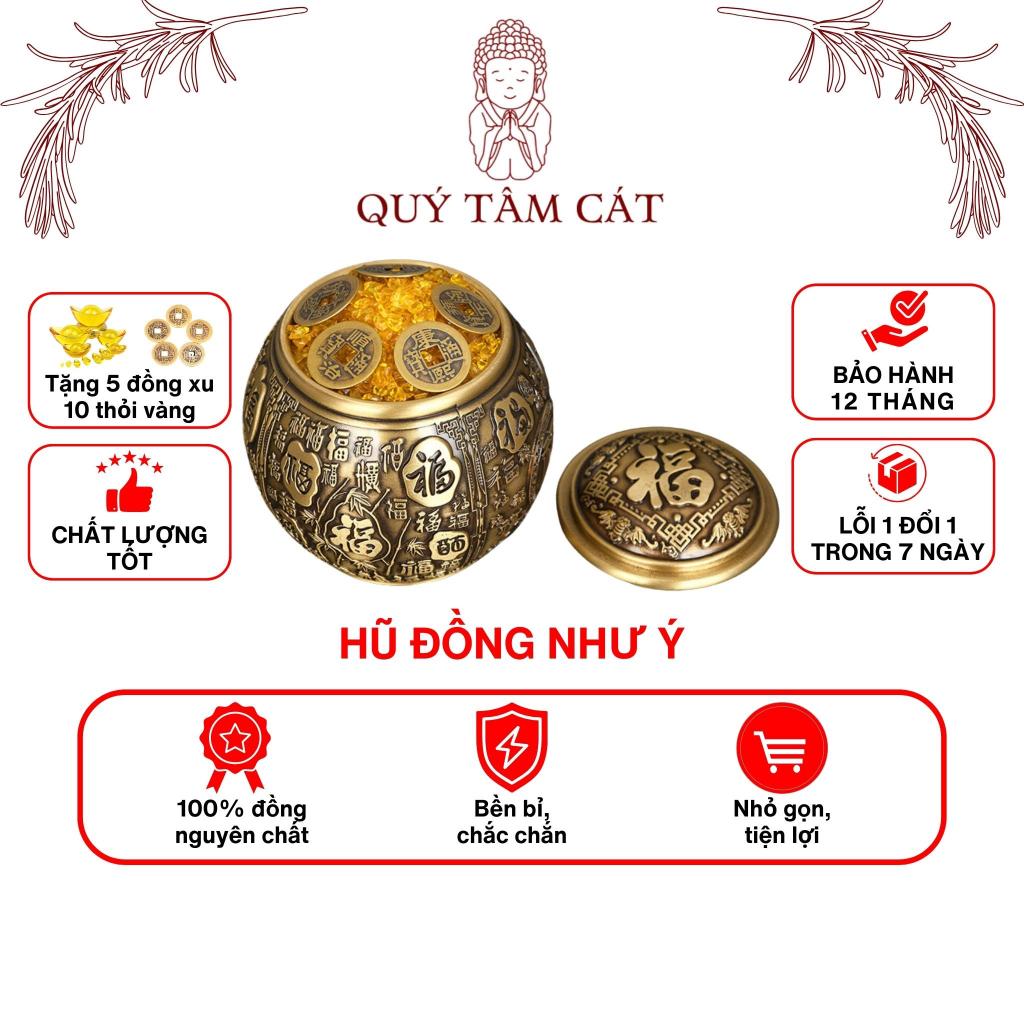 Hũ đựng muối gạo thần tài đồng thau, hũ gạo muối cầu tài cầu lộc trang trí bàn thờ Quý Tâm Cát