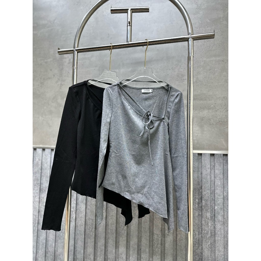 Áo Thun Xẻ Vạt Xéo LALISA Áo Dáng Ôm Body Chất Thun Sexy Kiểu Màu Đen Xám Phong Cách Năng Động Hàn Quốc AO002