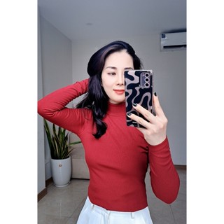 Áo giữ nhiệt thun tăm Vicci dài tay cổ cao 5P co giãn 4 chiều mặc thu đông sang chảnh màu đỏ mận