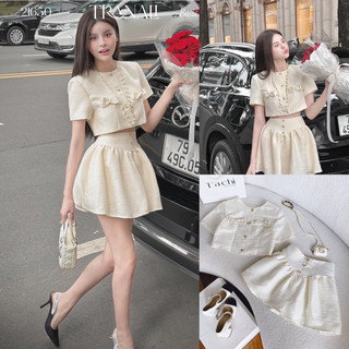 Set crop bố dạ cổ sen + chân váy vàng kem