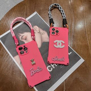Ốp lưng iphone silicon hồng barbie và cha.nel đá kèm dây đeo cho xsmax/11promax/12promax/13/13promax/14promax/15promax
