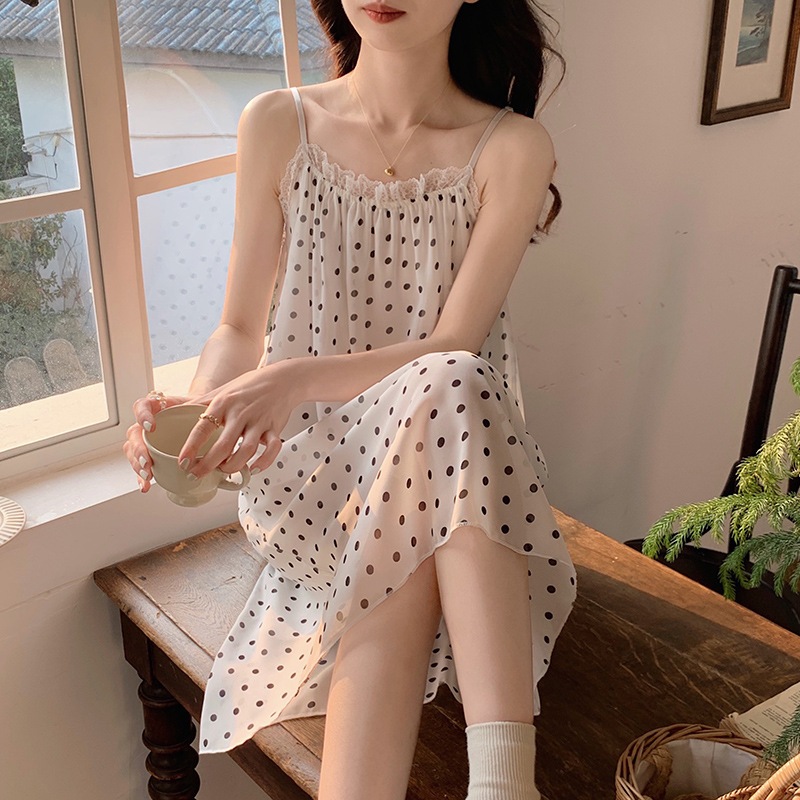Váy ngủ 2 dây váy đầm ngủ mặc ở nhà sexy chất voan sling mềm mại xinh tươi phong cách Hàn Quốc