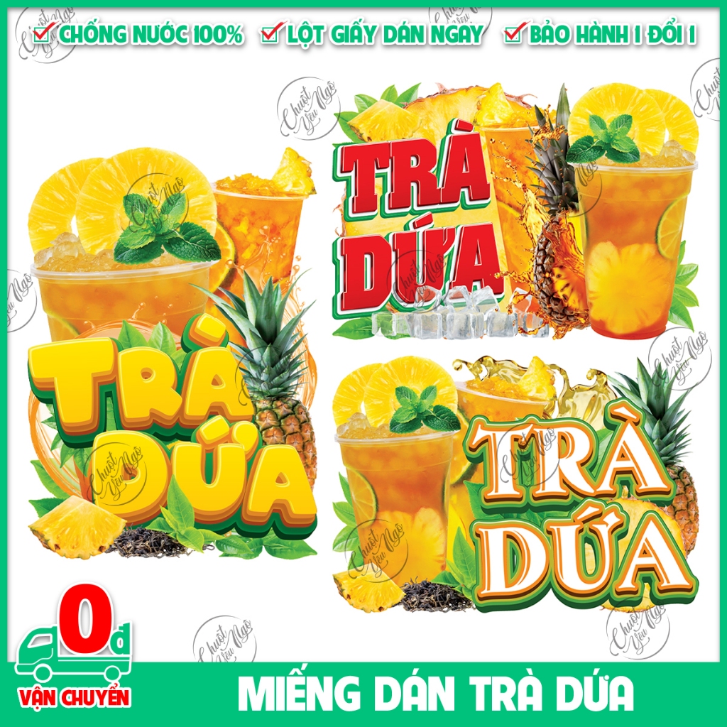Hình dán TRÀ DỨA thơm khóm decor quán ăn cà phê trả sữa trang trí decal sticker dán kính xe đẩy giải khát nước trái cây