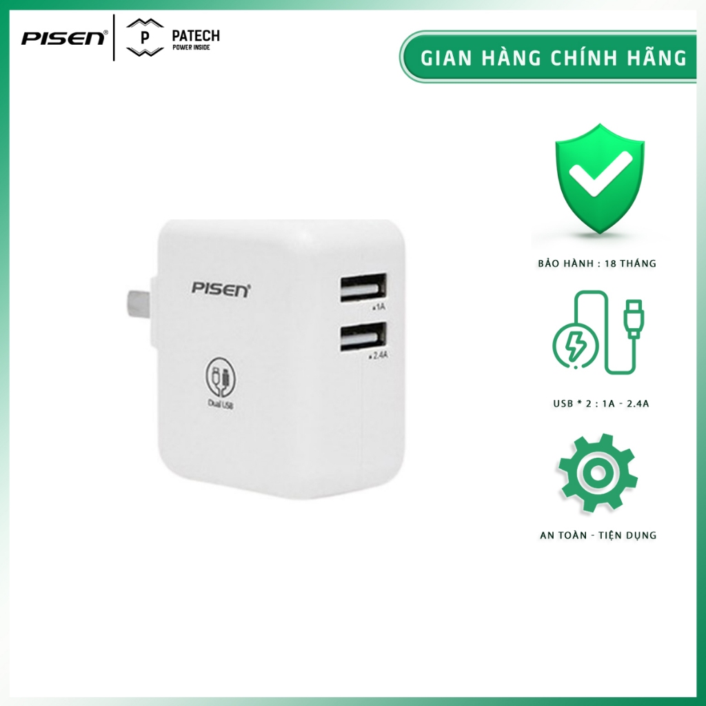 [ MÃ PISEN17W GIẢM 10K CHO ĐƠN 99K ] Sạc Pisen Dual Port 2.4A -Sạc 2 cổng USB-A hỗ trợ sạc nhanh công suất đầu ra 17W