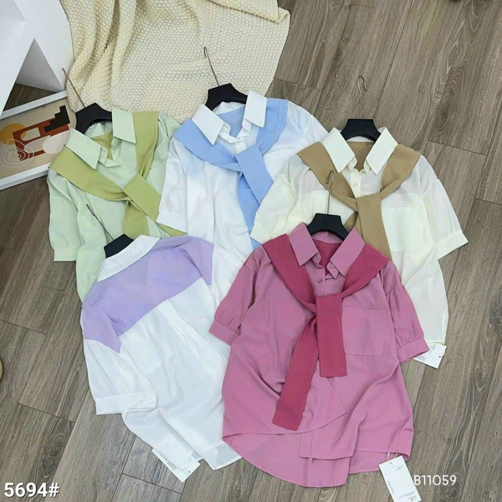 Áo Sơ Mi Tay Ngắn Thiết Kế Khăn Choàng Dính Áo Thời Trang - Nhím Xù Shop