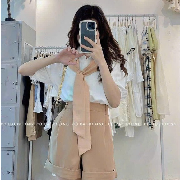 Áo Sơ Mi Tay Ngắn Thiết Kế Khăn Choàng Dính Áo Thời Trang - Nhím Xù Shop