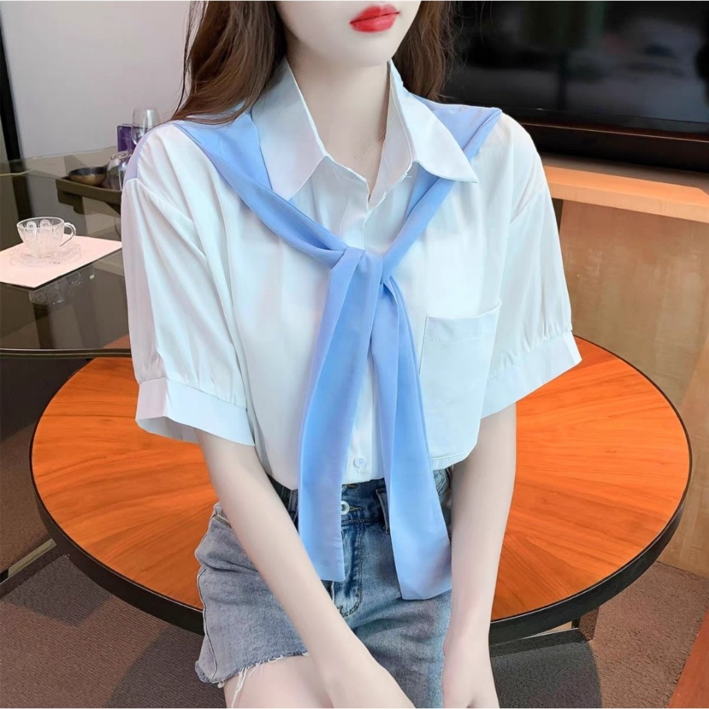 Áo Sơ Mi Tay Ngắn Thiết Kế Khăn Choàng Dính Áo Thời Trang - Nhím Xù Shop
