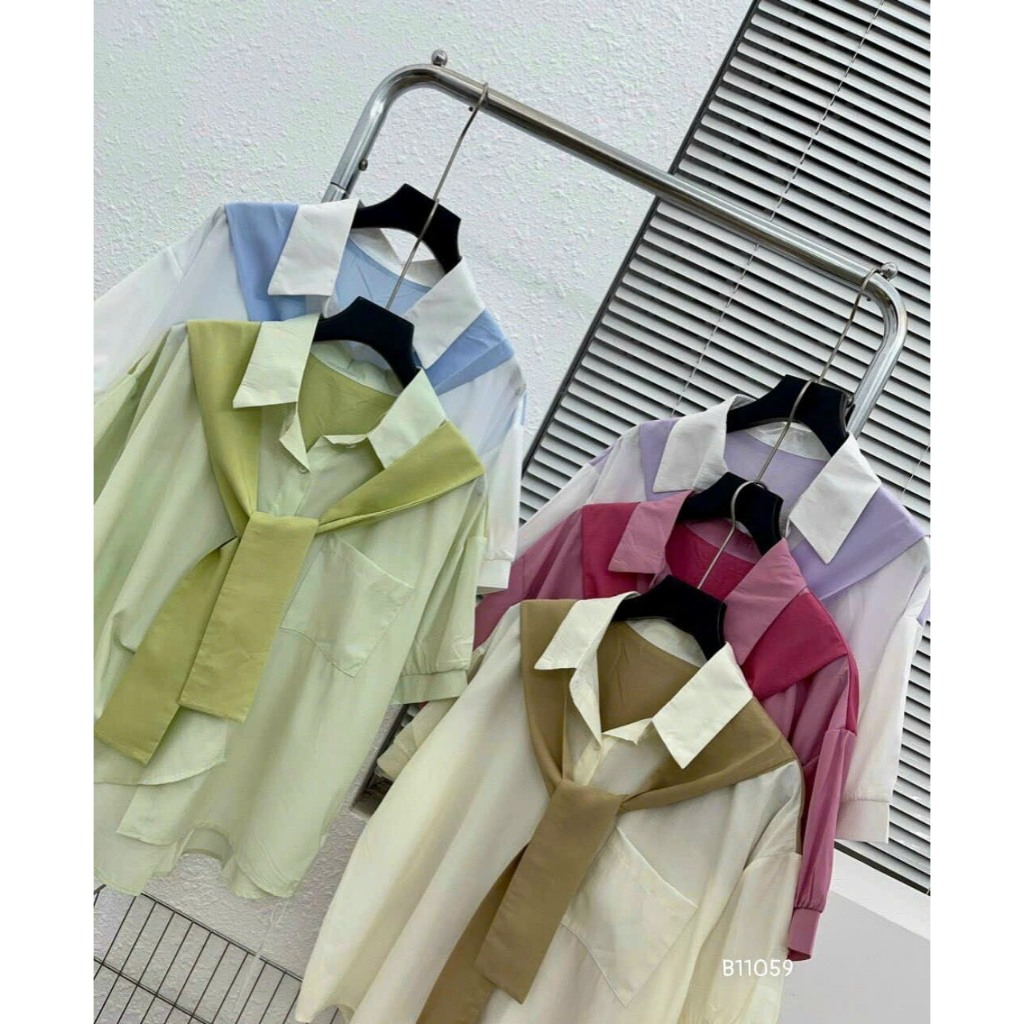 Áo Sơ Mi Tay Ngắn Thiết Kế Khăn Choàng Dính Áo Thời Trang - Nhím Xù Shop