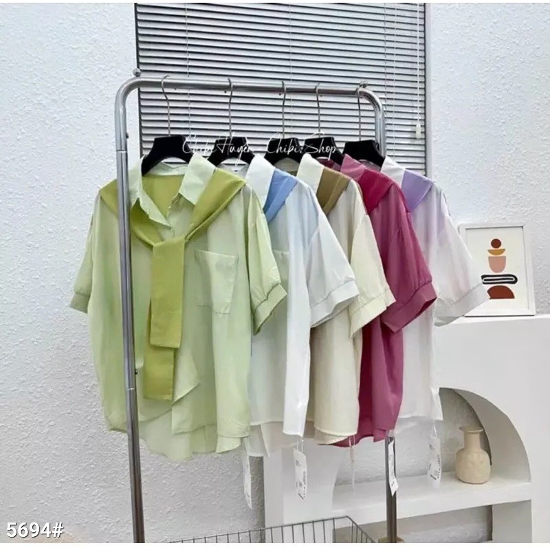 Áo Sơ Mi Tay Ngắn Thiết Kế Khăn Choàng Dính Áo Thời Trang - Nhím Xù Shop