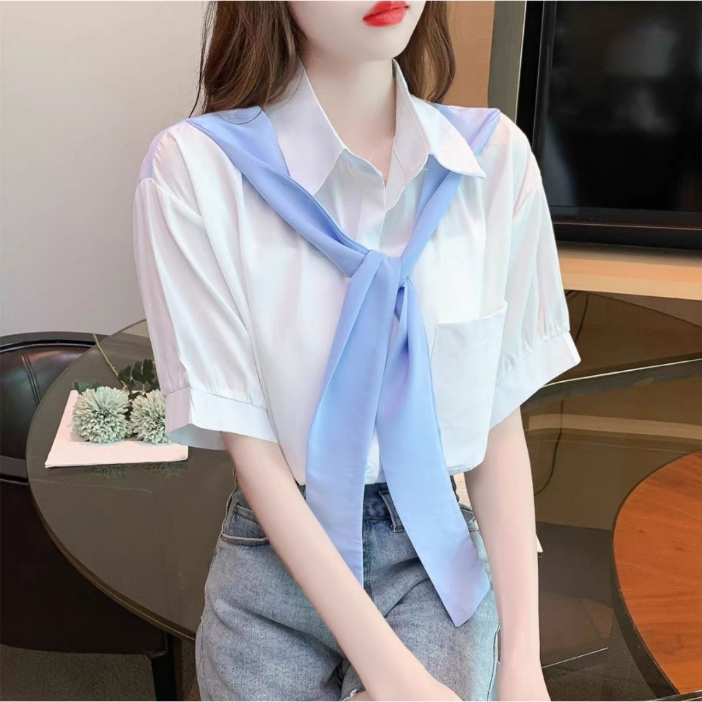 Áo Sơ Mi Tay Ngắn Thiết Kế Khăn Choàng Dính Áo Thời Trang - Nhím Xù Shop