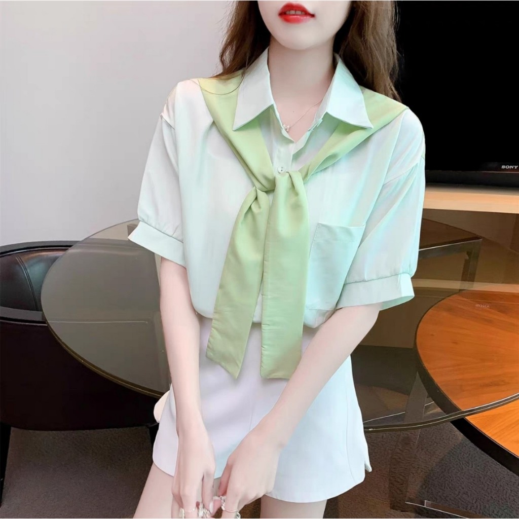 Áo Sơ Mi Tay Ngắn Thiết Kế Khăn Choàng Dính Áo Thời Trang - Nhím Xù Shop